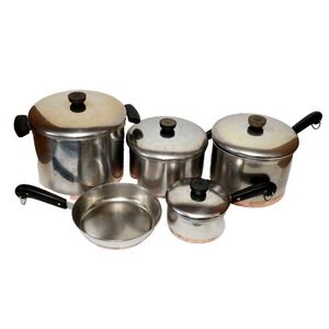 Vintage Revere Ware Copper Bottom 9 Piece Set Of Pots Pan Lids Pre 1968